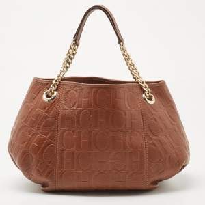 Carolina Herrera Brown Signature Embossed Leather Chain Hobo