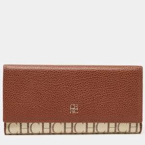 Carolina Herrera Brown/White Monogram Print Coated Canvas and Leather Flap Continental Wallet
