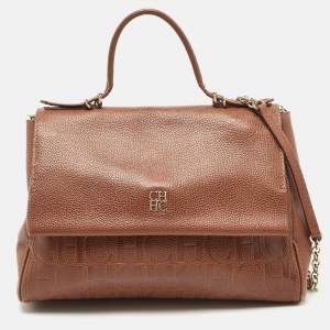 Carolina Herrera Brown Leather Minuetto Flap Top Handle Bag