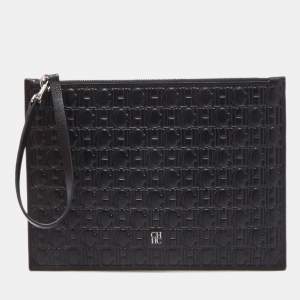 Carolina Herrera Black Monogram Embossed Leather Zip Wristlet Pouch 