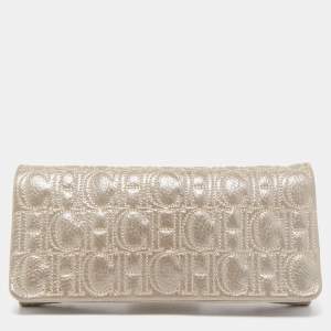 Carolina Herrera Grey Monogram Shimmer Suede Flap Clutch