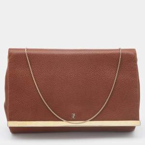 Carolina Herrera Brown Leather Logo Metal Flap Chain Clutch