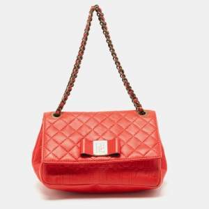 Carolina Herrera Red Quilted Leather Bow Flap Chain Bag
