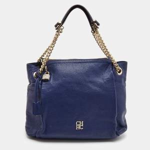 Carolina Herrera Navy Blue Leather Crystals Embellished Lock and Logo Chain Bag