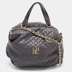 Carolina Herrera Grey Quilted Leather Pleated Chain Hobo