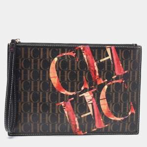 Carolina Herrera Brown Monogram Coated Canvas CH Logo Wristlet Pouch