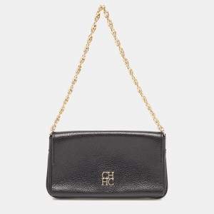 Carolina Herrera Black Leather Logo Flap Chain Bag