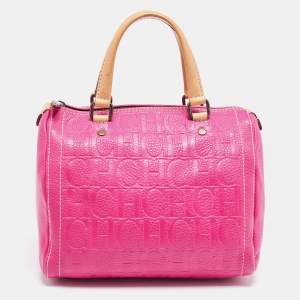 Pre Owned Carolina Herrera Pink/Beige Monogram Embossed Leather Andy Boston Bag