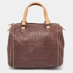 Carolina Herrera Brown Leather Monogram Embossed Andy Boston Bag