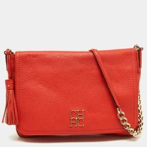 Carolina Herrera Orange Pebbled Leather Tassel Flap Shoulder Bag