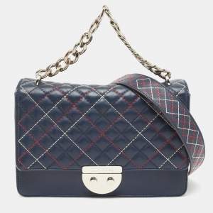 Carolina Herrera Blue/Red Quilted Leather Wildstitch Chain Flap Top Handle Bag