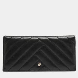 Carolina Herrera Black Chevron Quilted Leather Bifold Continental Wallet
