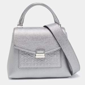 Carolina Herrera Metallic Green Monogram Leather Top Handle Bag