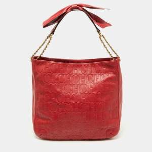 Carolina Herrera Red Monogram Embossed Leather Chain Bow Hobo