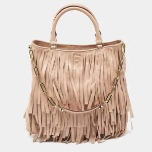 Carolina Herrera Beige Leather Gaspar Fringe Hobo