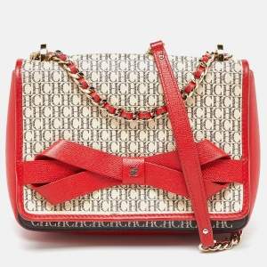 Carolina Herrera Red/White Monogram Coated Canvas and Leather Bow Flap Shoulder Bag