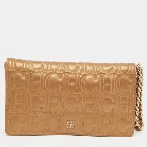 Carolina Herrera Bronze Monogram Leather Wristlet Clutch