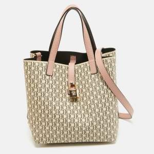 Pre Owned Carolina Herrera Pink/Off White Monogram Coated Canvas and Leather Small Matryoshka Locked Tote