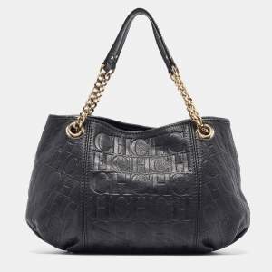 Carolina Herrera Black Monogram Embossed Leather Chain Hobo