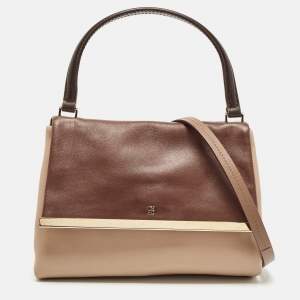 Carolina Herrera Brown/Beige Leather Camelot Colorblock Top Handle Bag