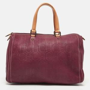 Carolina Herrera Burgundy/Beige Monogram Leather Large Andy Boston Bag