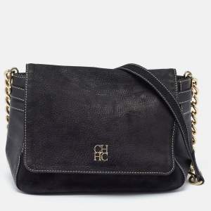 Carolina Herrera Black Nubuck and Leather Chain Flap Shoulder Bag