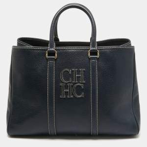 Carolina Herrera Navy Blue Grained Leather Matteo Tote