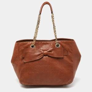 Carolina Herrera Brown Monogram Embossed Leather Audrey Shoulder Bag