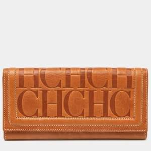 Carolina Herrera Brown Monogram Embossed Leather Trifold Continental Wallet