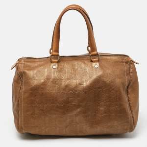 Carolina Herrera Bronze Monogram Leather Large Andy Boston Bag