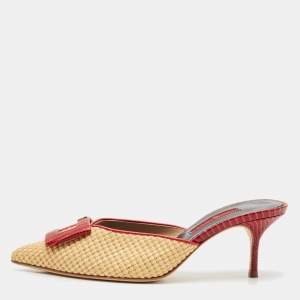 Carolina Herrera Red/Cream Lizard Embossed Leather and Raffia Heel Mules Size 36