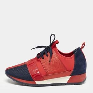 Carolina Herrera Red/Blue Leather and Suede Low Top Sneakers Size 38