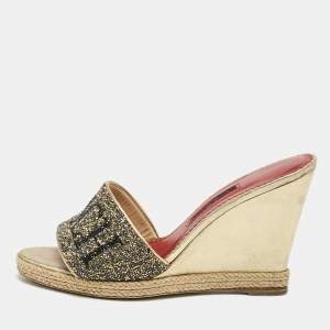 Carolina Herrera Gold Glitter and Leather Logo Wedge Sandals Size 37