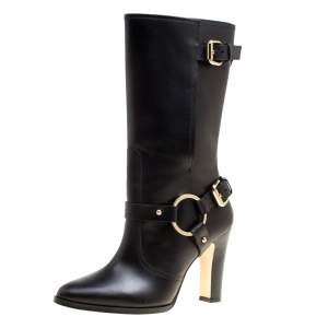 Pre Owned Carolina Herrera Black Leather Calf Length Boots Size 39