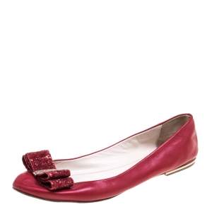 Pre Owned CH Carolina Herrera Red Leather Bow Ballet Flats Size 39