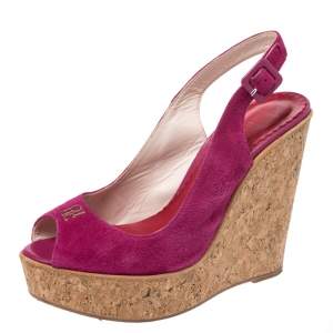Pre Owned CH Carolina Herrera Pink Suede Cork Wedge Platform Peep Toe Slingback Sandals Size 37