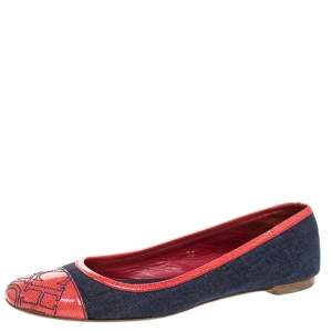 Carolina Herrera Blue Denim And Orange Patent Leather Logo Cap Toe Ballet Flats Size 38