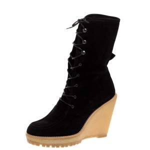 Pre Owned Carolina Herrera Black Suede Rubber Platform Wedge Mid Calf Lace Up Boots Size 38