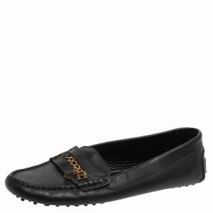 Carolina Herrera Navy Blue Leather Logo Chain Loafers Size 41