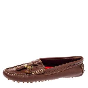Pre Owned CH Carolina Herrera Brown Perforated Leather Fringe Loafer Size 36