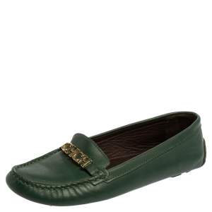 Carolina Herrera Green Leather Logo Detail Slip On Loafers Size 39