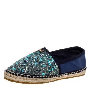  Carolina Herrera Blue Canvas Embellished Espadrilles Size 38