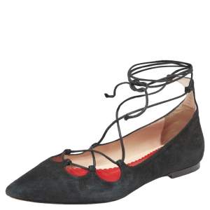 CH Carolina Herrera Black Suede Lace Up Ballet Flats Size 37