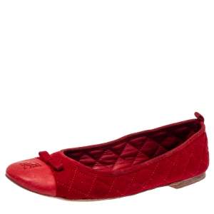Pre Owned CH Carolina Herrera Red Suede And Leather Bow Ballet Flats Size 37