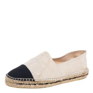 Pre Owned Carolina Herrera Off White/Black Canvas Cap Toe Flat Espadrilles Size 37