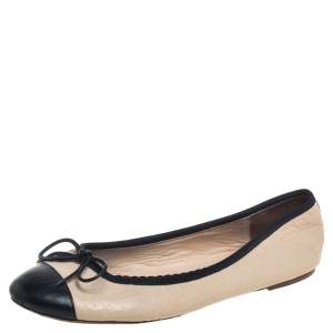 CH Carolina Herrera Beige/Black Leather Bow Flats Size 38