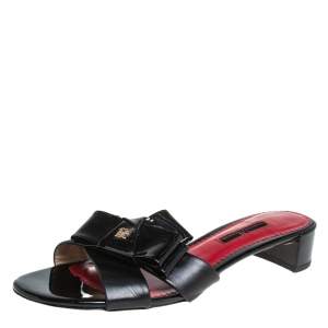 Carolina Herrera Black Leather and Patent Leather Bow Slide Sandals Size 37