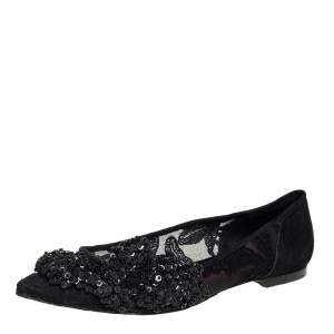 Carolina Herrera Black Lace And Suede Embellished Ballet Flats Size 38
