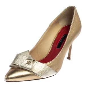 Pre Owned CH Carolina Herrera Metallic Gold/Silver Leather Bow Pumps Size 37