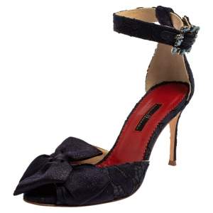 Carolina Herrera Navy Blue Lace And Satin Bow Ankle Strap Sandals Size 38